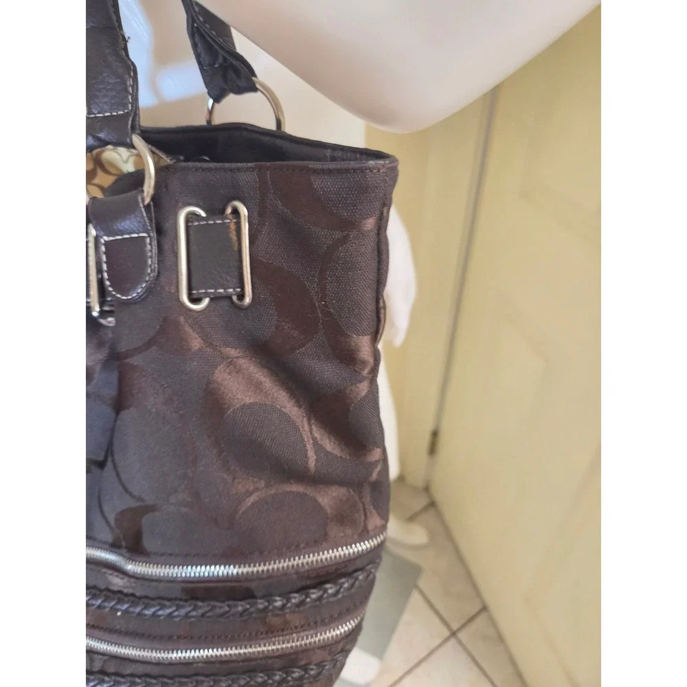 Coach Vintage Y2K Signature Jacquard Shoulder Bag Brown Buckle Zipper Tote